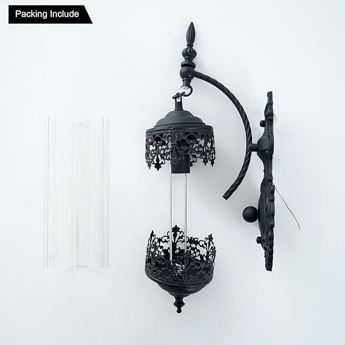 Vintage Wall Sconce with Glass Shade, Rustic Black Farmhouse Wall Light Fixture, Antique Gothic Decorative Metal Wall Lamp for Hallway, Bedroom, Living Room, Entryway, Mirror