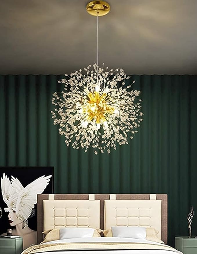 Modern Dandelion Firework Chandelier, Gold Dining Room Chandelier, Crystal Hanging Pendant Lighting Fixture for Living Room, Bathroom, Bedroom, Entryway, 12-Light