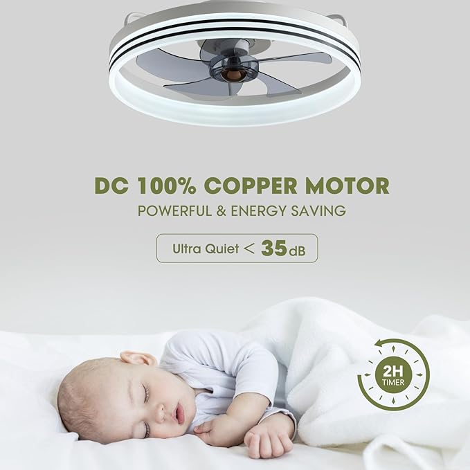 LUDOMIDE Ceiling Fans with Lights, Flush Mount Ceiling Fan with Lights and Remote, 6 Wind Speeds Smart Low Profile Ceiling Fan for Bedroom, Dining Room and Kitchen 20" (White)