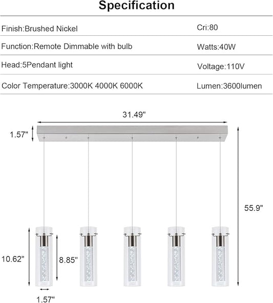 Dimmable Kitchen Pendant Lights, Brushed Nickel Remote Control led Pendant Lighting,3D Modern Pendant Light for Kitchen Dinning Room, Living Room, Corridor, Cafe bar, Club, Restaurant