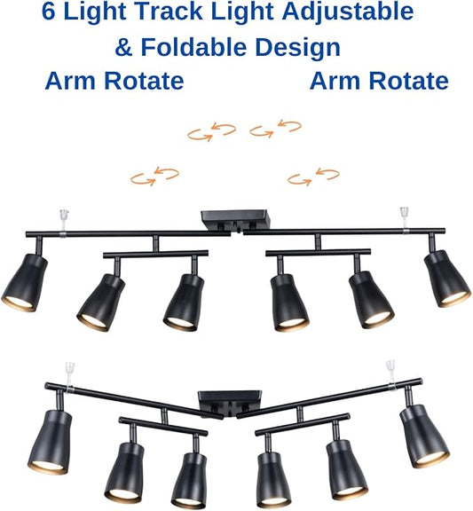 6 Light Modern Industrial Track Lighting Fixtures with Matte Black, Swivel Rotating Bar Ceiling Spotlight Adjustable Head,Dimmable GU10 Socket for Studios Hallyway Bar Bedroom Living Room