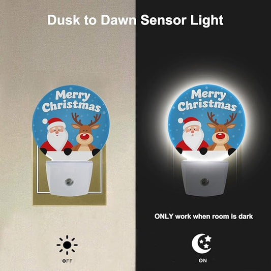 EKOBLA Santa & Reindeer Plug-in Night Light, Merry Christmas Snowflake LED Nightlight with Auto Sensor for Holiday