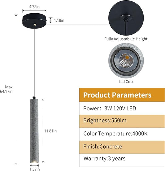 Concrete Linear Black Pendant Light,Modern Industrial Hanging Cement Pendant Lighting Fixture for Kitchen Island Dinning Room Bedroom Bedside Table Pendant Lights(2-Pack)