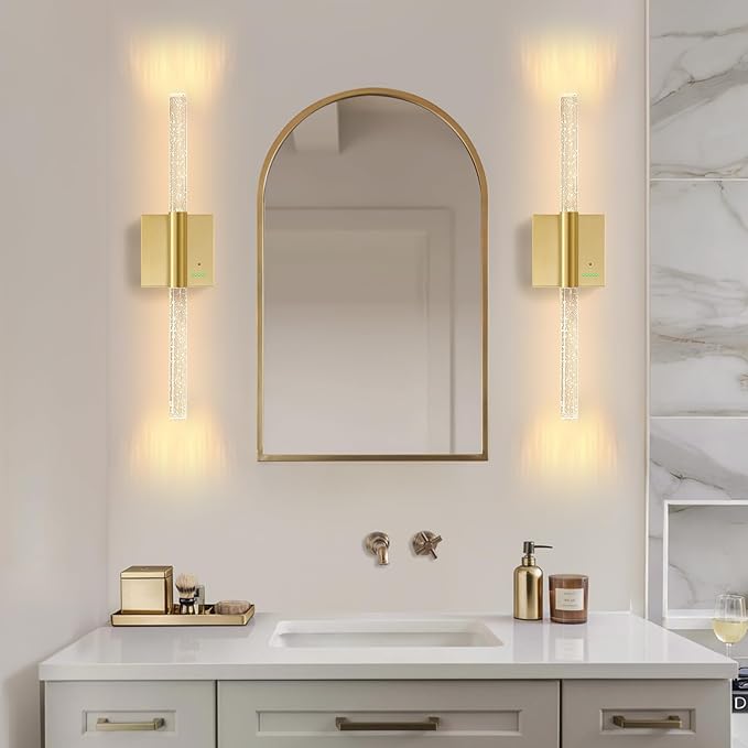28” Battery Operated Wall Sconces Set of 2, 8000mAh Rechargeable Battery Powered Wall Light with No Hardwired, Extra Large Dimmable Led Lamp Fixtures for Bathroom Cabinet Study Room, Gold