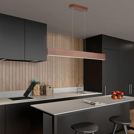YISDESIGN 39.4" Wood Linear Pendant Light 24w Led Dimmable Dining Room Light Wood Kitchen Island Pendant Hanging Light for Kitchen Island Office Lights Walnut Color