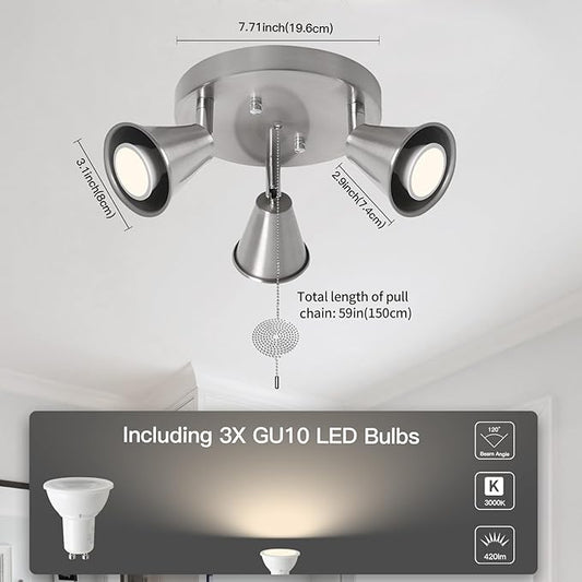 3-Light Industrial Directional Track Lighting with Pull Chain On/Off, Adjustable Round Ceiling Spotlight, Morden Nickel Flush Mount Kitchen Light for Hallway,Dining Room,Gu10 Bulbs Included