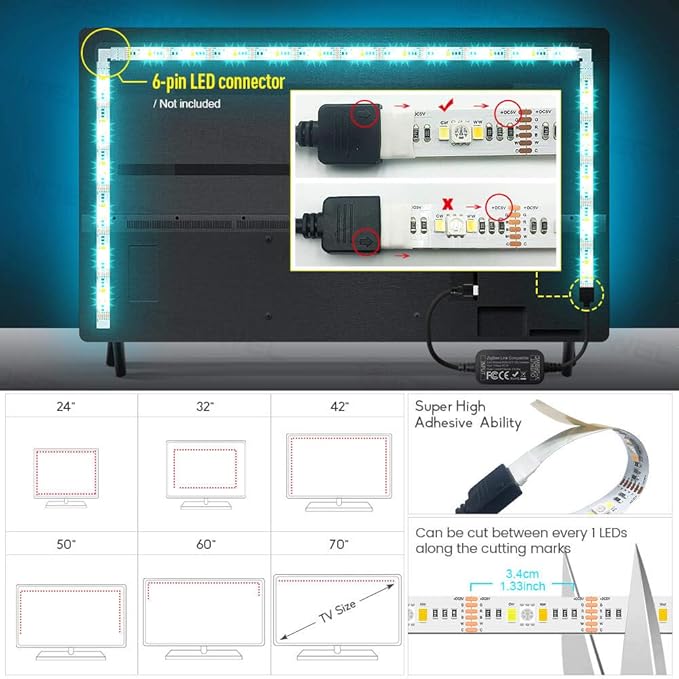 GIDERWEL Smart ZigBee 3.0 USB LED Strip Light RGBWW Kit Work with HUB Bridge TUYA Smart hub and Echo Plus for APP/Alexa Voice Control 6.56ft 5V RGB Cold Warm White RGBCCT Ambiance TV LightStrip Plus
