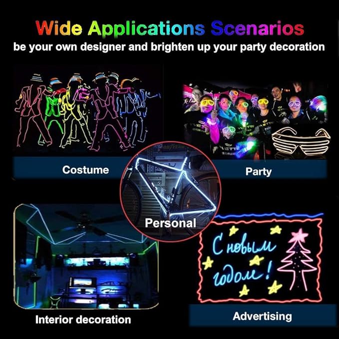 MaxLax EL Wire DIY Mutilcolor, 9.8ft/3m Portable Battery Pack Neon Lights Strip 360° Cuttable Glowing Rope Lights for Parties, Halloween