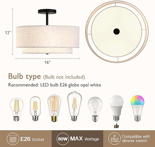 CALOKES 16" Double Drum 3-Light Semi Flush Mount Ceiling Light, Classic Fabric Linen Shade Design for Living Room, Bedroom, Kitchen, Dining Room, Hallway and Entryway