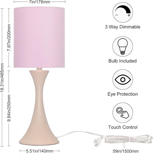 Seaside village Pink Touch Lamp, 3 Way Touch Control Desk Lamp, Bedside Dimmable Lamp Decorative Nightstand Lamp, Small Night Light for Girls, Living Room, Dorm, Home Office, 9W LED Bulb Included