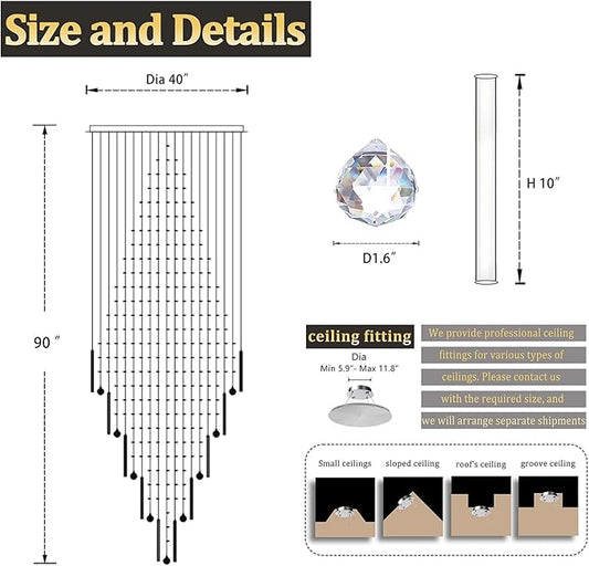 Flashing God 40''X90 Large Crystal Chandelier for High Ceiling Modern Crystal Raindrop Chandeliers Lighting Round Ceiling Light Entryway Staircase Foyer Villa LED Dimmable 2700-6000K