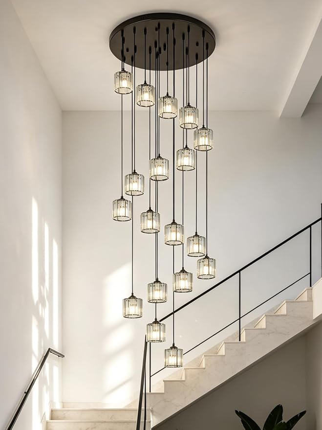 Long Chandeliers for High Ceilings,Modern Crystal Pendant Light,Raindrop Drop Lamp,Hanging Flush Mount Lighting Fixtures for Spiral Staircase,Foyer,Entryway,Living Room,Black (18 Lights)