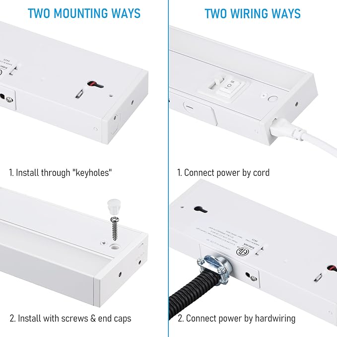 TORCHSTAR 4-Pack 8 Inch LED Under Cabinet Lighting 5CCT, ETL T24, 6W 450LM, Hardwired & Plug-in, 5 Color Selectable CRI90 120V Dimmable Under Counter Lights for Kitchen, White Aluminum Housing