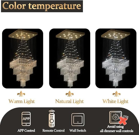 Flashing God D32''X H110'' Extra Large Chandeliers for High Ceilings Square Crystal Raindrop Gold Chandeliers Large Villa Chandelier Entrance Foyer Ceiling Light LED Dimmable 2700K-6000K