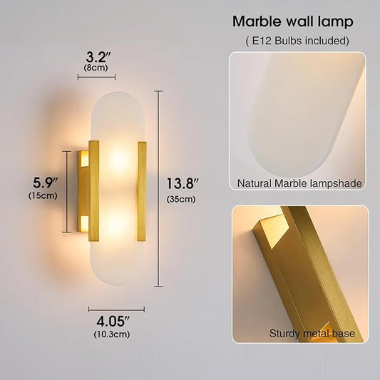 Fanyank-13.8in Alabaster Wall Sconce,Natural Marble Wall Lighting,Gold Wall Light Fixtures for Bedroom Stairs, Living Room, Vanity, Hallway Bedside(Bulb Included)