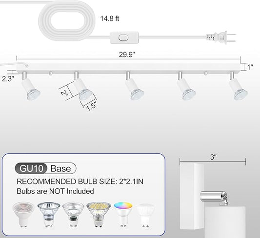 Plug-in Track Lighting, LED Track Lighting Fixtures Ceiling Kit, 30" White Plug in Wall Light with 14.8ft Cord, 3-Light Ceiling Spotlight,Rotatable Kitchen Light Head for Bedroom Hallway(GU10,NO Bulb)