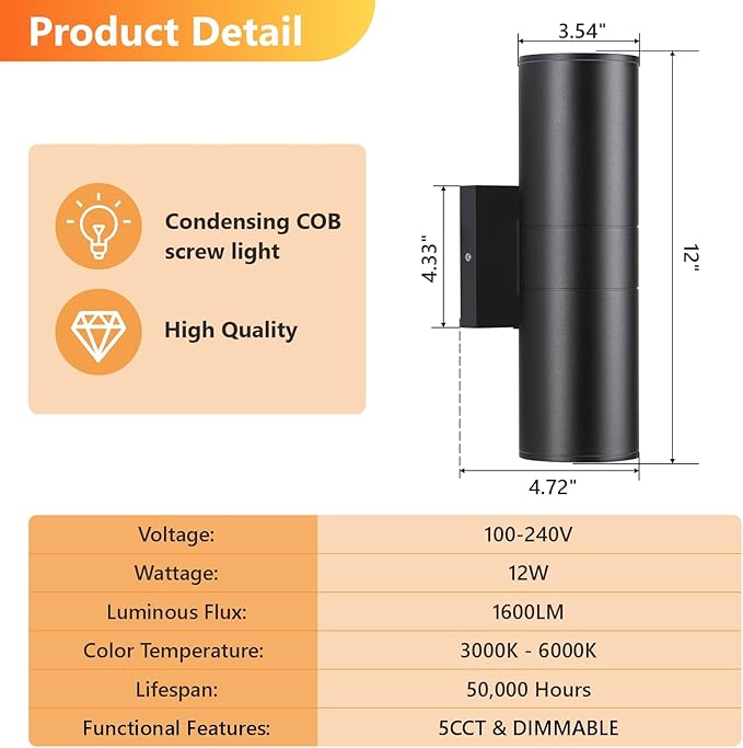 DAKAFUL 5CCT Dimmable Wall Lights Outdoor 2 Packs, 3000K 5000K 6000K Integrated LED Cylinder Up Down Modern Aluminum Light, Waterproof Exterior Light for Porch Patio Door