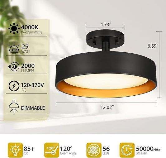 SunRider Industrial Semi Flush Mount LED Ceiling Light Fixture, 12 Inch 25W 2000LM, 4000K Neutral White, Dimmable Pendant Lamp for Hallway Bedroom