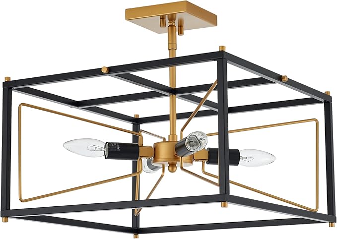 Industrial Semi Flush Mount Ceiling Light, Antique Brass Brush Paint and Black Finish Cage Mini Chandelier Mid Century for Porch Hallway Kitchen Bedroom Balcony 4-Light