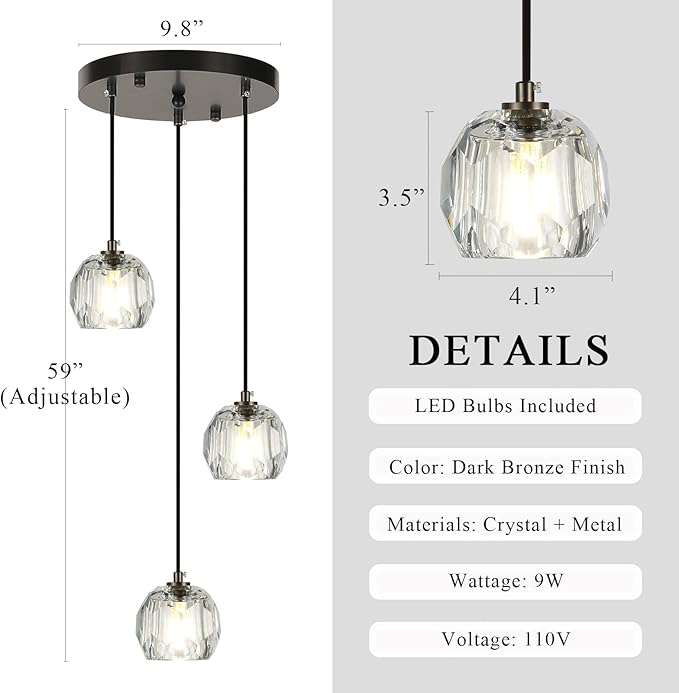 Modern Crystal Pendant Light Fixtures, Round Black LED Ceiling Hanging Lamps, Raindrop Crystal Chandelier for Bedroom, Dining Room Kitchen Island Bathroom