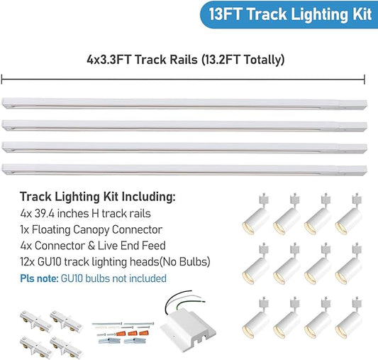12-Light LED Track Lighting Kit with 13FT H Track Lighting Rails & Floating Canopy Connector, GU10 Track Light Kit, Modern Kitchen Track Lighting Fixtures Ceiling Spot Light, White(No Bulbs)
