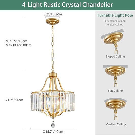 Crystal Chandelier - Rustic Gold Pendant Light - 15.7 Inch Diameter Height Adjustable Modern Ceiling Light - Ideal for Dining Rooms, Kitchens, Living Rooms