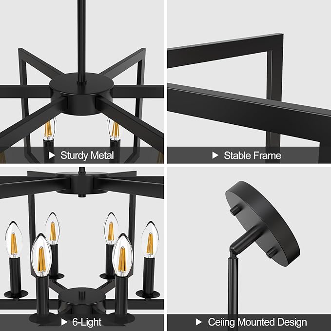 Modern Black Chandelier, 6-Light Geometric Dining Room Light Fixture, Industrial Pendant Lights Kitchen Island, Hanging Metal Farmhouse Chandeliers for Dining Room Entryway Foyer Bedroom Kitchen