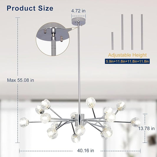 Depuley Modern Chrome Sputnik Chandelier: 18-Light Large Crystal Glass Chandelier for Living Room - Kitchen Island Light Fixture Mid Century Hanging Lamp for Dining Room (Included G9 Bulbs)