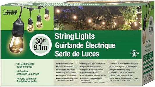 Feit Electric 72041 30 Foot Heavy-Duty Weather Resistant Decorative Indoor and Outdoor 10 Sockets Incandescent String Lights, 30', 11W, Dimmable,Black