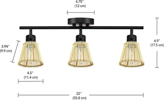 Globe Electric 3-Light Track Lighting Kit, Matte Black, Bamboo Shades, 3 Bulb Kitchen Light, E12 Socket