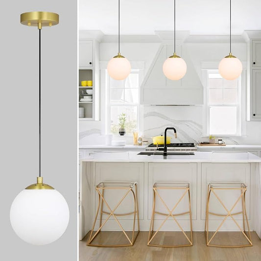 XiNBEi Lighting 8" Globe Pendant Light, Mid Century Brass Pendant Light with White Globe Glass Adjustable Hanging Fixtures for Kitchen Island Living Room XB-P1211-SB