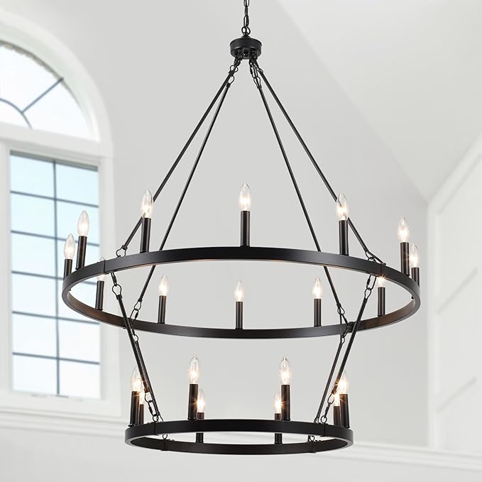 Black Wagon Wheel Chandelier 2 Tier 20-Lights 40 Inch Extra Large Farmhouse Light Fixture Rustic Lighting Round Chandeliers for Dining Room Kitchen Island Foyer Entryway