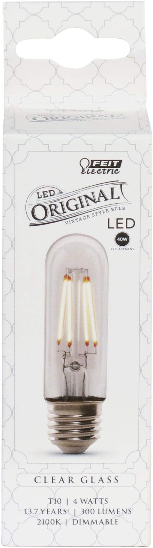 Feit Electric Vintage Exposed Filament Clear Glass LED T10 with a Medium E26 Base Light Bulb - 40W Equivalent - 10 Year Life - 300 Lumen - 2100K Soft White - Dimmable | Original Vintage