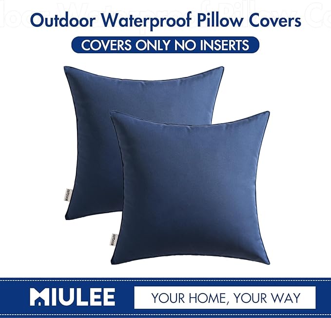 MIULEE Pack of 2 Decorative Outdoor Waterproof Pillow Covers Square Garden Cushion Sham Throw Pillowcase Shell for Spring Patio Tent Couch 22x22 Inch Navy Blue