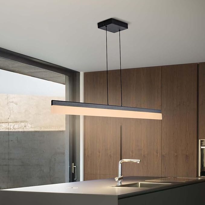 Black Wood LED Kitchen Island Lighting, 39 Inch LED Linear Pendant Light, Dimmable Ceiling Hanging Chandeliers for Dining Room Living Room Bar Pool Table 24W, Modern Farmhouse Fixture, 3000K