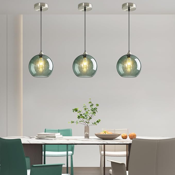 Modern 3-Pack Glass Globe Pendant Lights, Gray Green Modern Pendant Lighting for Kitchen Island, Glass Hanging Lamps for Dining Room Living Room Bedroom, Medium 7.87 Inch Fixture (Bulbs Not Included)