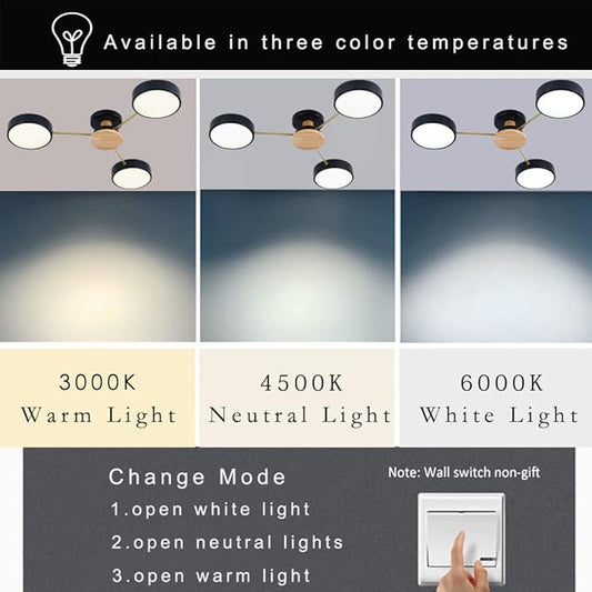 LED Ceiling Light Fixture,26 Inch 3-Lights Modern Ceiling Lights Flush Mount Wooden 24W Dimmable Chandelier for Living Room Bedroom Kitchen,3000K/4000K/6000K Temperatures Selectable Black