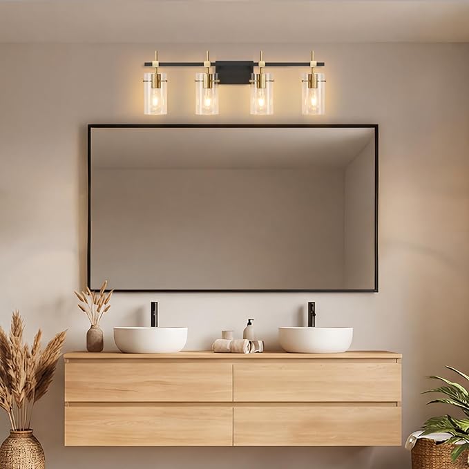 SOLFART Farmhouse Brass Bathroom Vanity Lights fixtures Over Mirror Vintage Bathroom Lighting Wall Sconce with Glass Shade 4 Lights