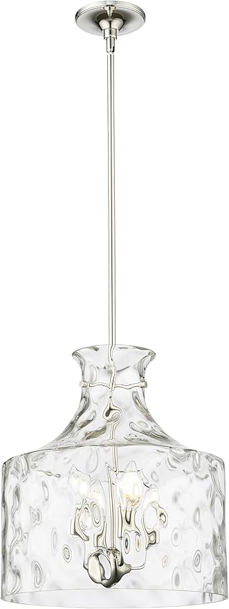 ML Lighting | Santorini Collection | 22604-PN | Indoor 4 Light Metal Pendant in Polished Nickel with Water Glass Shade | Kitchens, Dining Rooms, Living Rooms, Entryways, Hallways