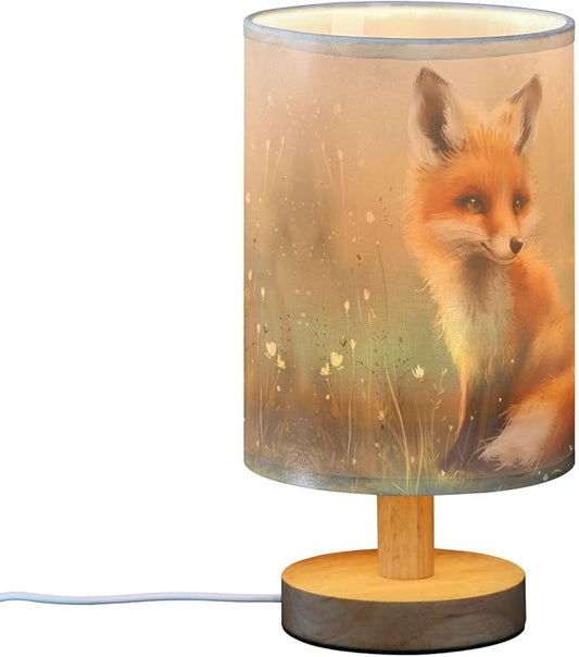 Table Lamp Cute Fox Floral Woodland Nightstand Lamp with Wood Base Fabric Lamp Shade Bedside Desk Lamp for Living Room Bedroom Kids Room Office