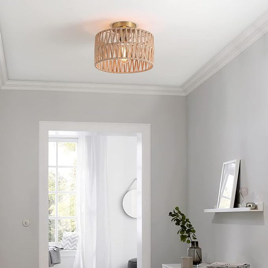 Coastal Antique Gold Woven Flush Mount Light Fixture Rustic Boho Hemp Rope Brass Semi Flush Mount Ceiling Light for Hallway Bedroom Farmhouse Kitchen Entryway Hall