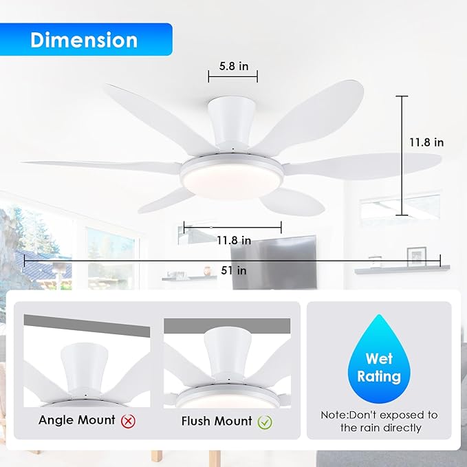Ceiling Fans with Lights, 51 inch Modern White Low Profile Ceiling Fan with Light and Remote App Control, Flush Mount, Quiet DC Reversible, RGB Led Ceiling Fan 6 Blade Softer Wind Indoor/Outdoor Patio