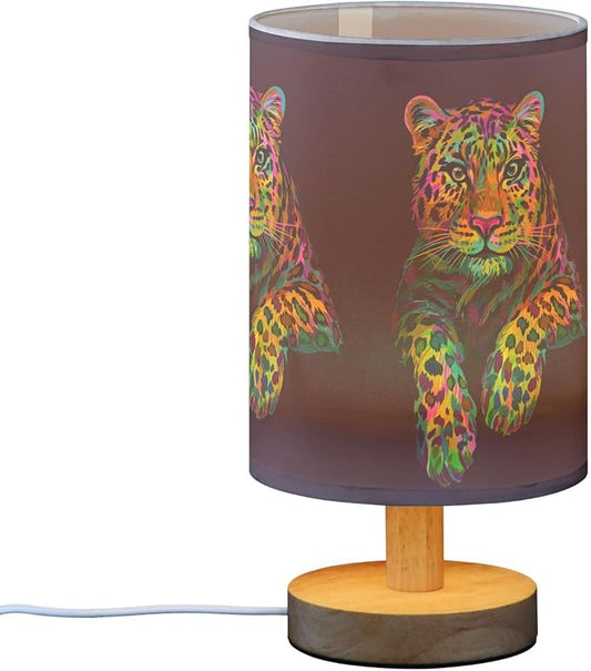 Table Lamp Multicolor Leopard Jaguar Neon Colorful Animal Nightstand Lamp with Wood Base Fabric Lamp Shade Bedside Desk Lamp for Living Room Bedroom Kids Room Office