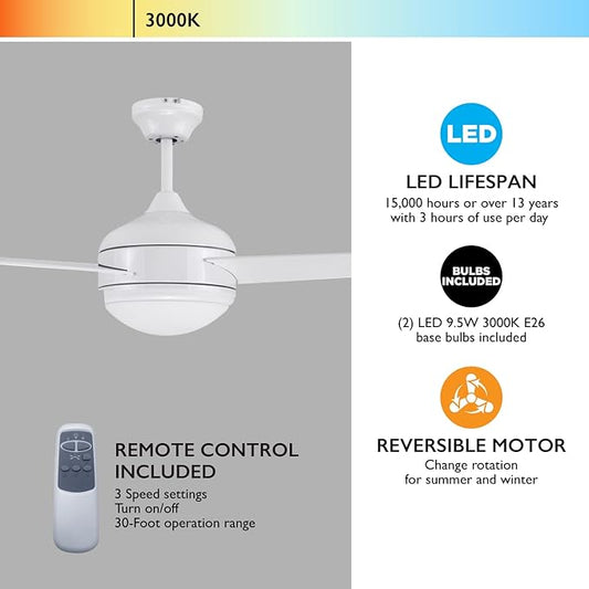 Design House 156513-WHT Treviento LED 52-inch Contemporary Indoor Ceiling Fan with LED Light Kit, 3-Blade, Reverse Airflow, Remote Control, White