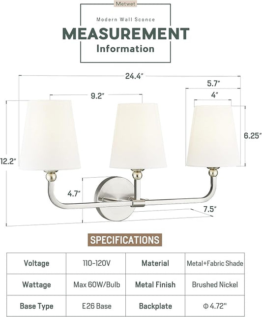 Bathroom Light Fixtures, Brushed Nickel Vanity Lights with Flared White Fabric Shade, 3 Light Wall Sconce, Modern Sconces Wall Lighting for Hallway Bedroom, VL837-BN-3