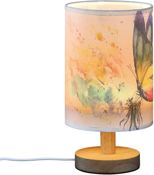 Table Lamp Paint Butterfly Dandelion Nightstand Lamp with Wood Base Fabric Lamp Shade Bedside Desk Lamp for Living Room Bedroom Kids Room Office