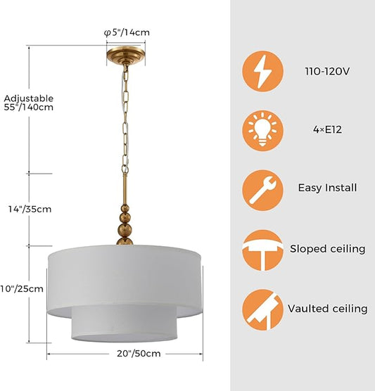 Shrine Lighting White Double Drum Chandelier, Dining Room Design, Drum Pendant Lights for Dining Room, D20'' x H10'', Adjustable Chains 55'', E12*4 Sockets, White Linen Fabric Lampshade & Gold Rod