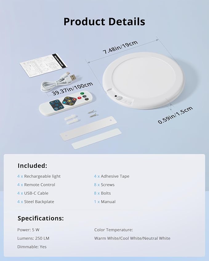 Combuh 4-Pack Battery Powered Motion Sensor Light, 7.48" IP44 Waterproof Shower Lamp Without Wiring, Ultra Thin 3 Colors Adhesive Overhead Lightting for Garage, Bedroom, Kitchen, Portable