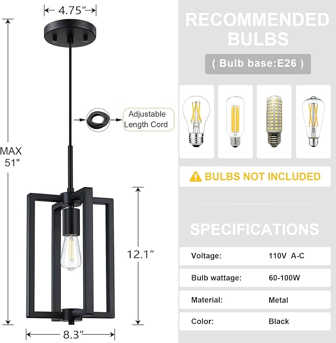 1 Light Hanging Rustic Farmhouse 8.3" Metal Lantern Cage Pendant Ceiling Light Fixture,Cafe Bar Over Sink Dining Room Bedroom Kitchen Island 3 Pack Black