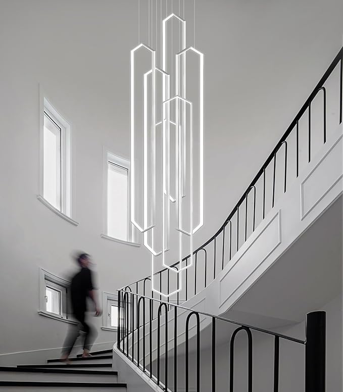 6 Rings Silver Modern Long Large Chandelier Dimmable LED High Ceiling Chandelier for Living Room Foyer Staircase Enterway Hanging Light Fixture Modern Ceiling Light